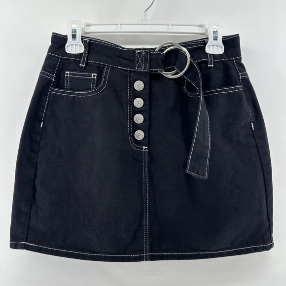 BDG Urban Outfitters BLACK DENIM Skater PUNK Jeans MINI SKIRT w/ Belt WOMENS M - Picture 2 of 7